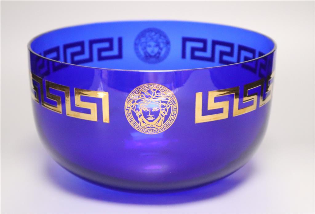 A Versace Rosenthal Medusa gilt-decorated blue glass bowl, Dia 25.5cm